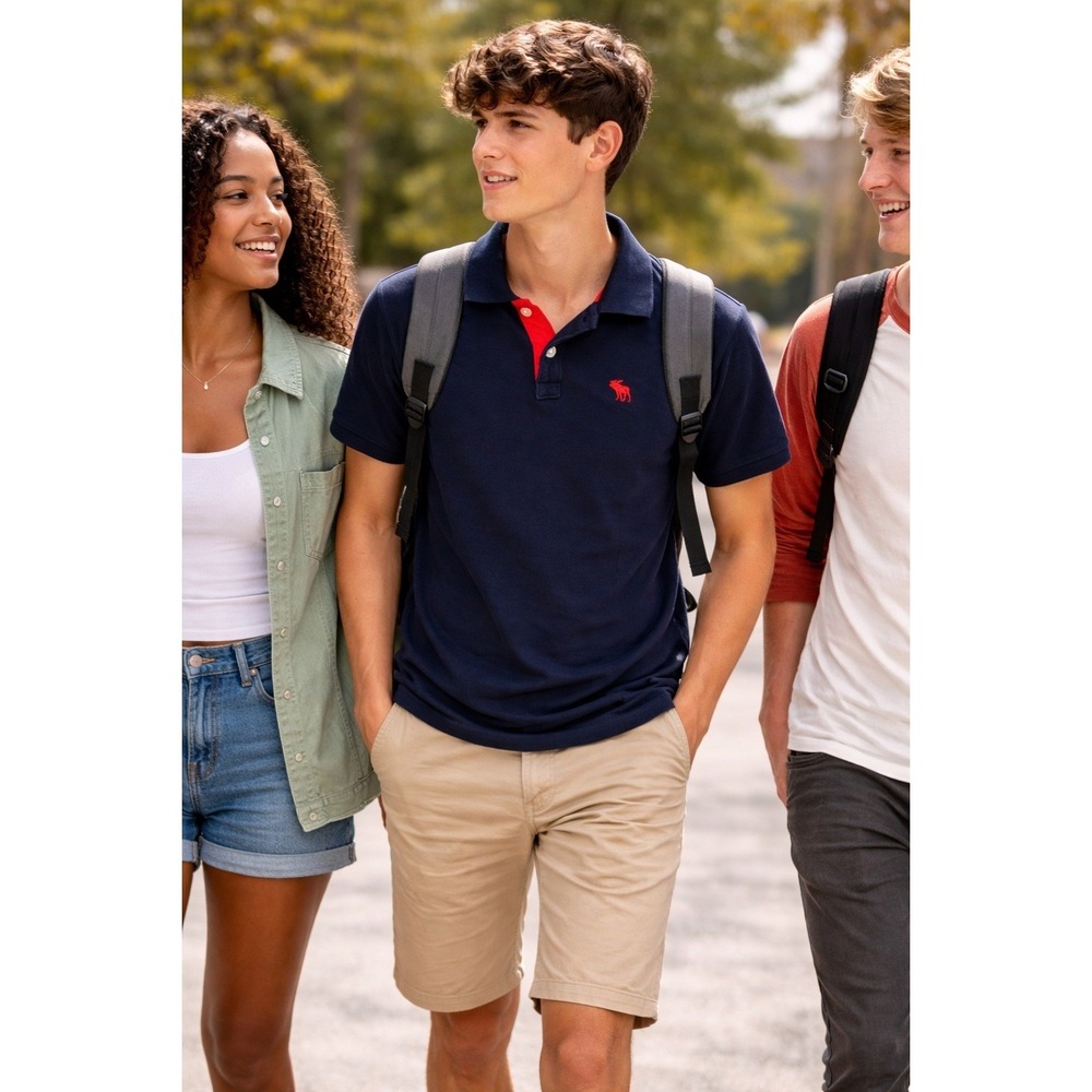 Abercrombie Kids Boys Polo Shirt Navy Blue‎ Red Moose Logo XL 16 Short Sleeve